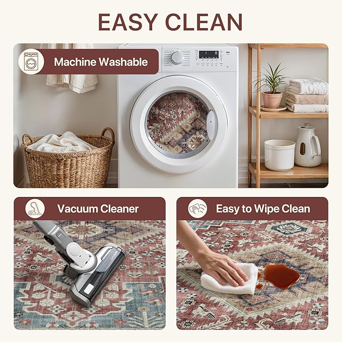 GENIMO 8X10 Washable Vintage Area Rugs for Living Room, Non-Slip Low Pile Chenille Print Rug, Soft Rugs for Bedroom Dining Room Home Office, Indigo & Flush