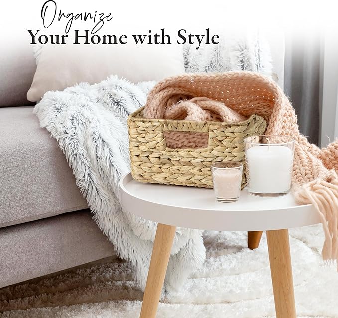 HOMESTEAD Water Hyacinth Storage Baskets, Long Narrow Rectangular Wicker Baskets for Bedroom, Living Room, Bathroom, Shelves - Set of 3