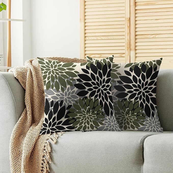 Black Olive Green Pillow Covers 20X20 Inch Set of 2, Spring Summer Floral Dahlia Flower Cream Decorative Throw Pillow Covers Outdoor Modern Farmhouse Cushion Case for Home Couch Sofa Bed Decor