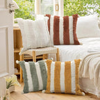 Boho Pillow Covers 18X18 Inch Boho Tufted Linen Throw Pillow Covers Decorative Pompoms Cushion Cover Farmhouse Pillow Case for Couch Sofa Bed Living Room Bedroom,Dark Rust