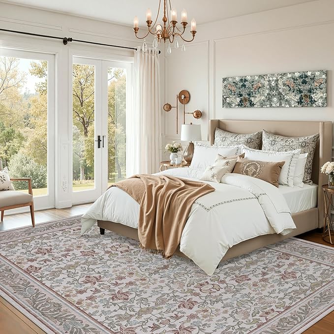 GarveeHome 8x10 Area Rugs Washable Rug for Living Room, Boho Vintage Large Area Rug for Bedroom Soft Non Slip Low Pile Indoor Stain Resistance Throw Carpet for Dining Room Office Beige Pink