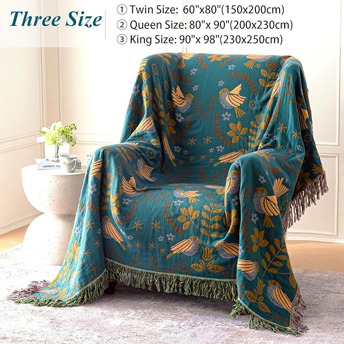 Boho Throw Blanket for Bed-100% Cotton Soft Breathable Farmhouse Decor Boho Quilt for Sofa Bed (Green Floral Bird, 90"x98")