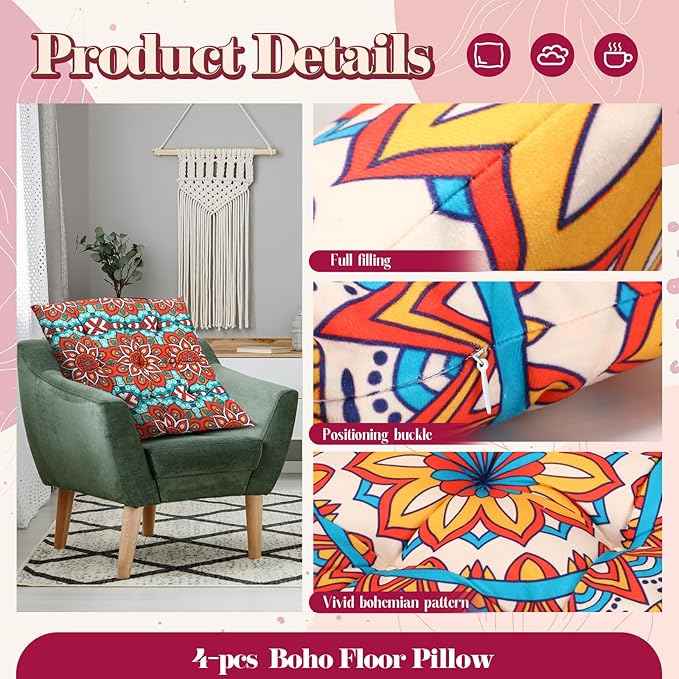 Nuogo 4 Pack Large 22 Inch Bohemian Floor Pillows Square Boho Floor Cushions Seating Pillows for Soft Yoga Meditation Pillow Mandala Pouf for Living Room Tatami Reading Nook(Exquisite)