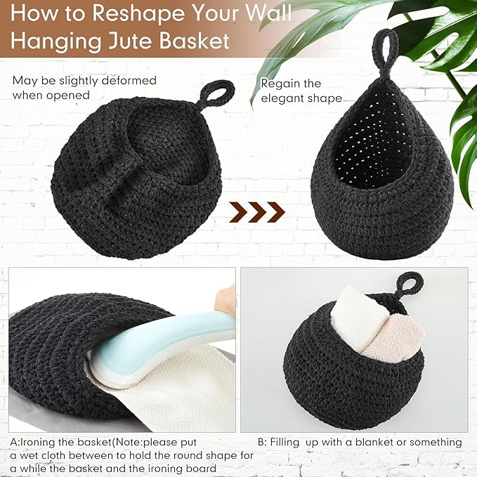 Honeydak Boho Decor Hanging Wall Baskets for Kitchen 3 Pack Teardrop Baskets with Hooks Storage Fruit Onion Vegetable Potato for Home 3 Sizes(Black,Teardrop,Cotton Rope)