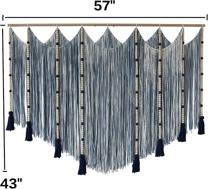 Jakalin Macrame Wall Hanging Blue dip dye Handcrafted Decorative Art for Living Room Bedroom or Office Boho Chic Modern Wall Decor with Unique Beadwork 57" W × 43" L