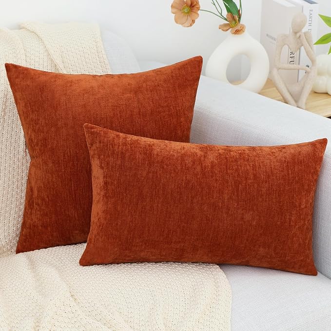 decorUhome Chenille Rust Throw Pillow Covers 16x16 Inch Set of 2, Decorative Soft Couch Pillow Covers Solid Dyed Accent Farmhouse Neutral Square Pillow Cases for Sofa