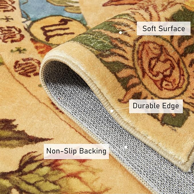 Ultra Thin Washable Mystical Rugs Stain Resistant, Sun and Moon 4x6 Area Rugs Non Slip - Retro Yellow Hippie Floral Throw Rugs for Living Room Bedroom Entryway, Trendy Indie Dorm Tapestry Rug