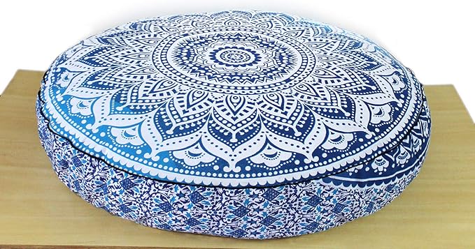 ICC Large Hippie Mandala Round Floor Pillow Cover Ottoman Pouf Cover Daybed Oversized Cotton Cushion Cover with Heavy Duty Zipper Seating Ottoman Poufs Dog-Pets Bed (Blue Ombre, 35" Round)