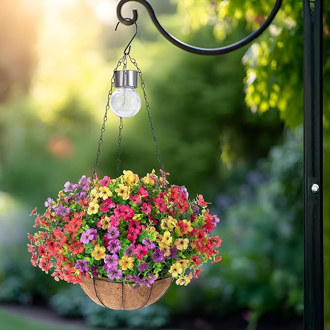 Artificial Faux Hanging Plants Flowers Basket for Summer Outdoor Outside Decorations,Fake Silk UV Resistant Look Real,Realistic Ferns for Outdoors for Porch Garden Decor,12 Bundles (Blue Red Purple)