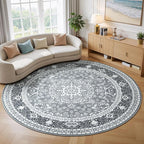 Lessymo 6FT Washable Round Area Rugs for Living Room, Non Slip Circle Rugs Low Pile Vintage Carpet for Bedroom, Dining Room, Nursery, Home Office, Grey White