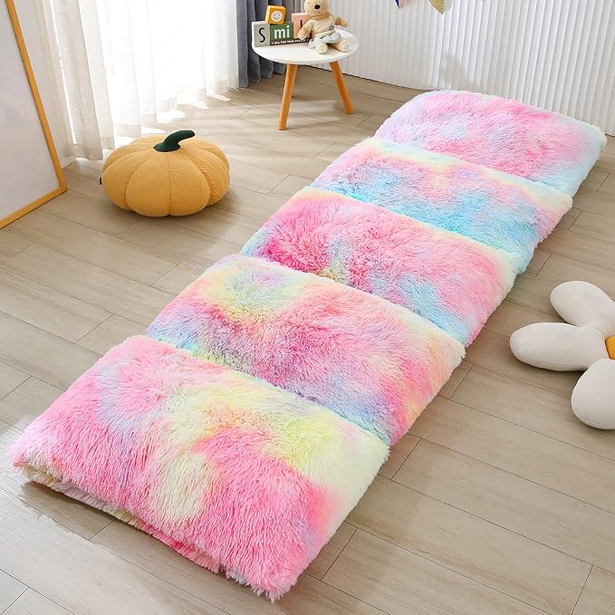 Mengersi Velvet Floor Pillows,Faux Fur Tie Dye Pillow Bed Floor Lounger Cover,Sleeping Mat for Girls Teen Toddler,Pillow Lounger for Reading Playing Games Party,Requires 5 Pillows(Queen,Pink)