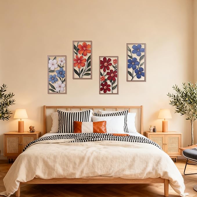suruim Boho Wall Art Set of 4, Abstract Geometric Wooden Wall Decor, Mid-Century Modern Aesthetic Artwork with Arch, Vase & Botanical Design for Modern Home Decor for Bedroom, Office & Living Room(G)