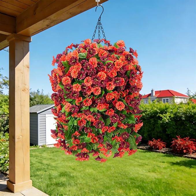 Artificial Flowers with Hanging Basket, Outdoor Faux Plants Silk Morning Glory Vines, Fake Green Arrangement for Garden Patio Spring Summer Decor(Orange Brown)