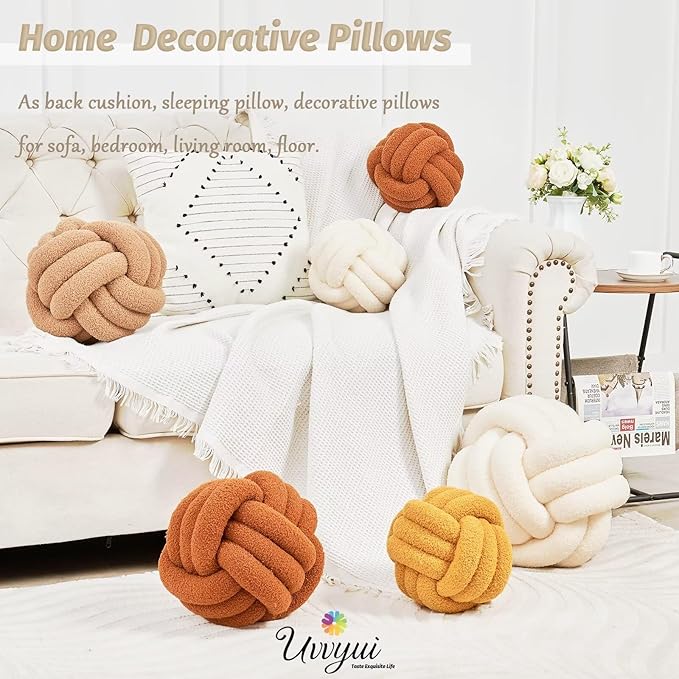Uvvyui Knot Pillow Ball, Soft Home Decorative Pillows, Round Throw Pillow, Handmade Knotted Plush Pillow, Round Boucle Pillow Cushion (14 Inches Orange)