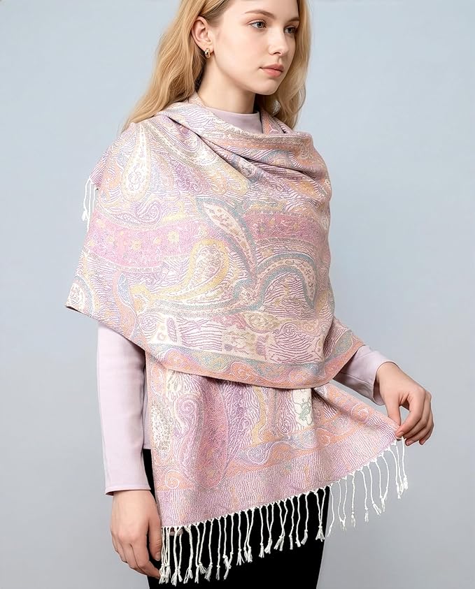 Achillea Reversible Paisley Pashmina Rave Scarf – Exotic Indian Shawls and Wraps for Evening Dresses, Festivals, All Seasons