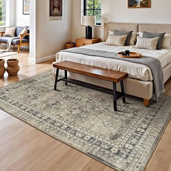 Lessymo 6x9 Area Rugs for Living Room, Machine Washable Non Slip Rug, Soft Low Pile Carpet for Bedroom Dining Home Office, Vintage Brown Distressed Floral Floor Mat