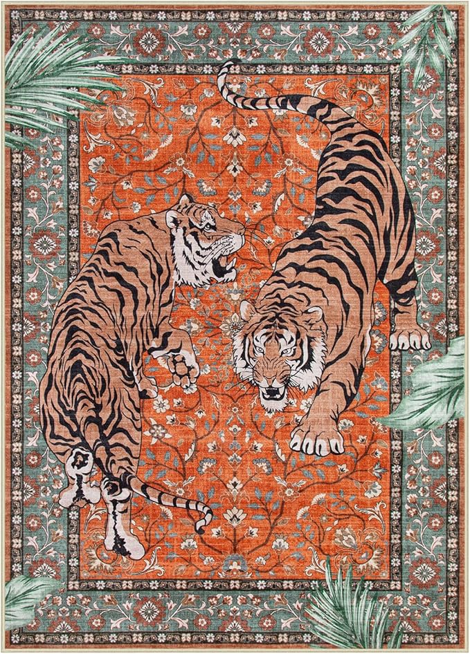 Moynesa Tiger 5x7 Area Rug, Boho Washable Living Room Rug, Non Slip Rugs for Bedroom, Ultra Thin Vintage Soft Stain Resistant Throw Floor Carpet for Office Dining Room, Rust
