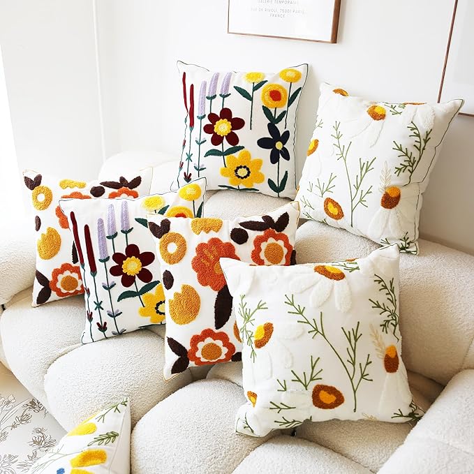 Embroidered Throw Pillow Cover Boho Beige Yellow 2PCS Pillow Covers for Couch Sofa Cotton Linen Daisy Floral Bohemian Pillow Covers 3D Big Flowers Botanical Pillowcase Covers 18x18 Inch