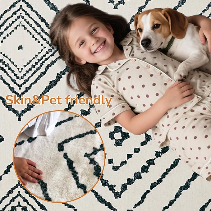 Area Rug 9x12 Rug Machine Washable Non-Slip Low Pile Print Pattern Western Rug for Living Room Bedroom Entryway Tribal Series -Navywhite/Black