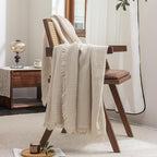 FOSSA Muslin Blanket with Fringe -4-Layer 100% Cotton Gauze Super Soft & Breathable Throw -Lightweight Decorative Cooling Blanket for Bed, Sofa, Office -Twin XL Size 66" × 90" (Beige)