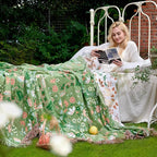 Boho Throw Blanket for Bed 100% Cotton Soft Lightweight Quilt Room Decor Green Spring Bed Blankets,Floral Garden Embroidery Reversible All Season Twin Blankets for Sofa Couch Chair 60"x80"