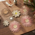 Chunful 7 Pcs Boho Wall Basket Decor Rattan Flower Wall Decor Nursery Daisy Flower Woven Macrame Hanging Flowers for Baby Kids Girls Farmhouse Bedrooms Living Rooms Kitchen Home (Dark Pink)
