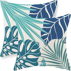 Tropical Pillow Covers 16x16 Set of 2 Navy Blue Aqua Teal Monstera Palm Leaf Pillowcase Summer Decorations Tropical Outdoor Throw Pillows Linen Decor Botanical Plant Cushion Case for Home Bed