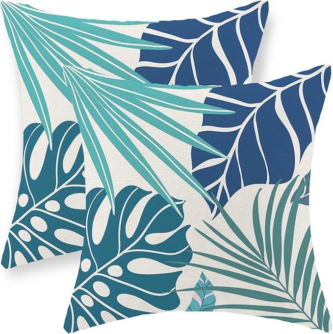 Tropical Pillow Covers 16x16 Set of 2 Navy Blue Aqua Teal Monstera Palm Leaf Pillowcase Summer Decorations Tropical Outdoor Throw Pillows Linen Decor Botanical Plant Cushion Case for Home Bed