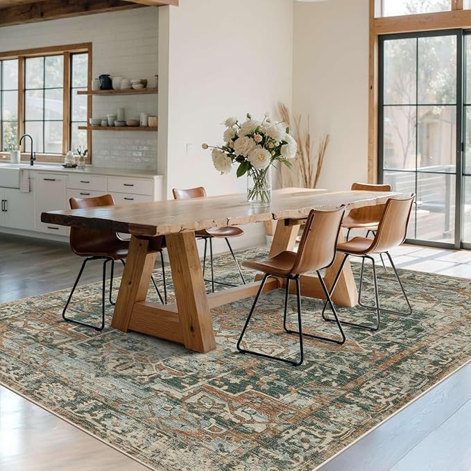 6x9 Area Rugs for Living Room Bedroom, Large Washable Rug, Green Vintage Floral Boho Style, Non Slip & Low Pile Carpet for Indoor Dining Room, Dorm and Kids Room(Green 6x9ft)