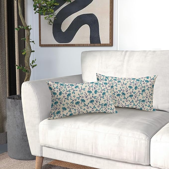 Navy Blue Teal Floral Pillow Covers 12x20 Set of 2 Vintage Rustic Old Style Cute Small Flower Print Rectangle Decorative Outdoor Pillowcases Farmhouse Throw Cushion Case Decor for Couch Sofa Bed
