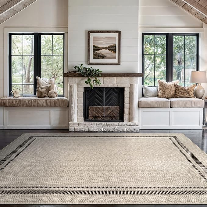Beverly Rug Easy Jute Bordered Rug 9x12 Washable Large Indoor Outdoor Area Rugs for Living Dining Room Patio Office Stain Resistant Non Shedding Casual Indoor Outside Carpet 9 x 12 Off-White