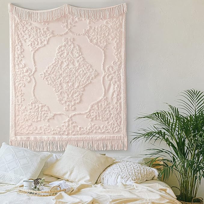 Madison Park 100% Cotton Tufted Chenille Design With Fringe Tassel Luxury Elegant Chic Lightweight, Breathable Cover, Luxe Cottage Room Décor Summer Blanket, 50" x 60", Blush