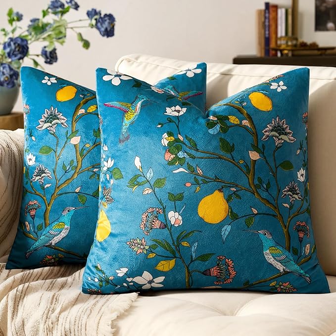 MUSSEL Stone Blue Floral Pillow Covers 18x18 Set of 2, Velvet Wild Flower Plant Throw Pillows Case, Square Farmhouse Decor Cushion Covers for Home Sofa Bed Couch