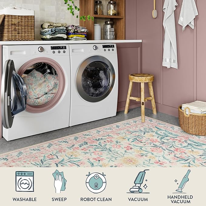 Lahome Sylvie Pink Bedroom Rug for Girls Room Decor, 5x7 Washable Cute Playroom Nursery Rug, Soft Floral Low Pile Carpet for Kids Living Dining Room Indoor, Pink/Multi