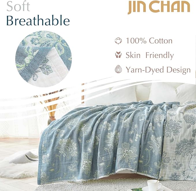 jinchan Boho 100% Cotton Muslin Queen Size 80x90 Inches Blanket Lightweight 4-Layer Quilted Soft Blue and White Floral Throw Blanket Green Accents Reversible Comfy Flower Rustic Summer Couch Bedroom