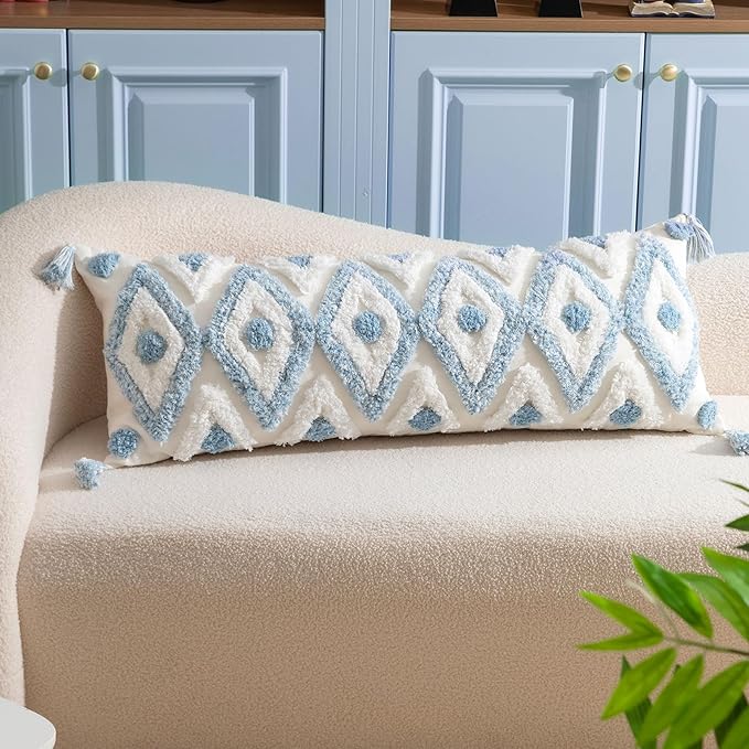Decorative Lumbar Pillow Cover 14x36 Inch Coastal Blue and White Tufted Boho Throw Pillowcase Long Rectangle Accent Pillow Cover with Tassels for Couch Sofa Bed Farmhouse Body Cushion