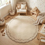GarveeHome Round Area Rugs 4ft for Kids Room, Solid Jute Scalloped Washable Circle Rug Soft Non Slip Floral Print Floor Mat Tan Carpet Indoor Thin Tent Rug for Bedroom Dining Room Playroom Nursery