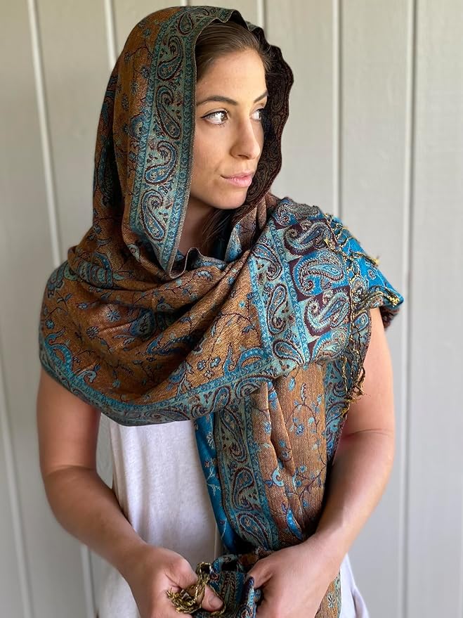 Achillea Reversible Paisley Pashmina Rave Scarf – Exotic Indian Shawls and Wraps for Evening Dresses, Festivals, All Seasons