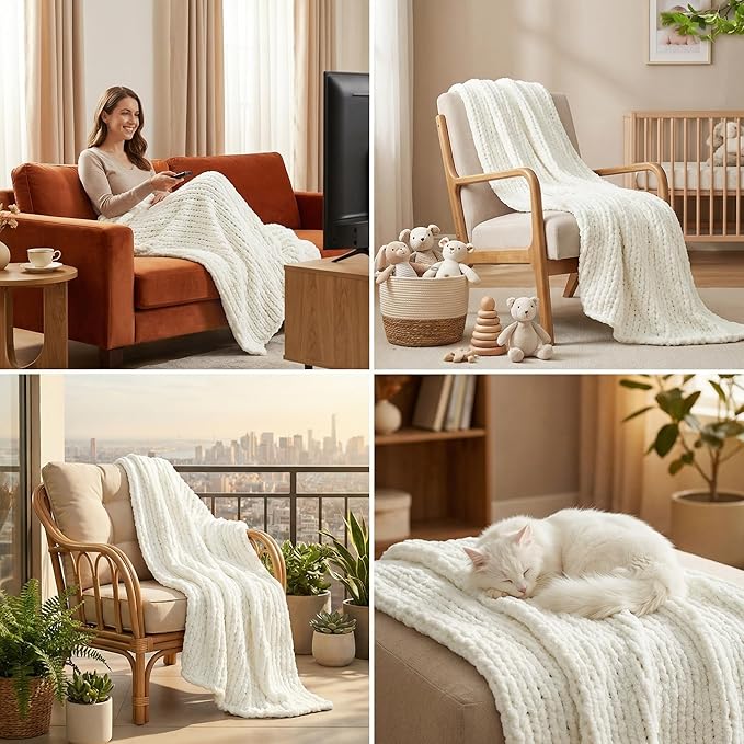 Amélie Home Chunky Knit Throw Blanket for Couch, Soft Chenille Crochet Blanket for Sofa, 50"x60", Ivory