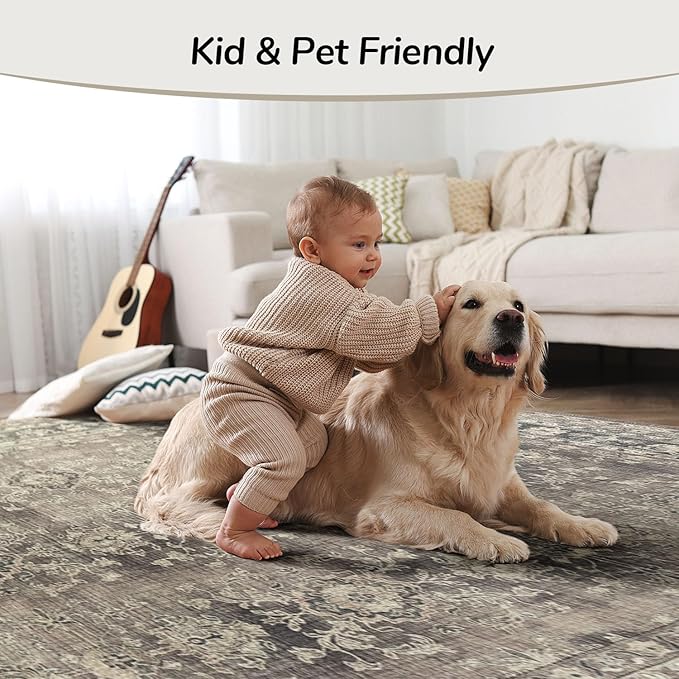 Lessymo 5x7 Area Rugs for Living Room, Machine Washable Non Slip Rug, Soft Low Pile Carpet for Bedroom Dining Home Office, Vintage Brown Distressed Floral Floor Mat