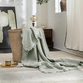 FOSSA Muslin Blanket with Fringe - 4-Layer 100% Cotton Gauze Super Soft & Breathable Throw -Lightweight Decorative Cooling Blanket for Bed, Sofa, Office (Sage Green, Throw XL (50" × 70"))