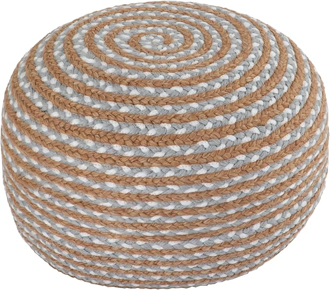 Round Ottoman Pouf Footstool Jute Pouffe Stool Seat Cushion Boho Home Decor Extra Seating Pouffe for Living Room, Bedroom, Indoor, Artic Circle 22x22x12 inch, Natural-Cold Blue