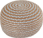 Round Ottoman Pouf Footstool Jute Pouffe Stool Seat Cushion Boho Home Decor Extra Seating Pouffe for Living Room, Bedroom, Indoor, Artic Circle 22x22x12 inch, Natural-Cold Blue