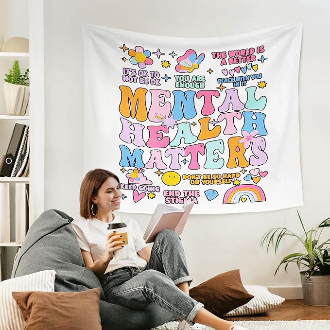 WARDOS Mental Health Matters Tapestry, Boho Trendy Mental Health Tapestry Wall Hanging, Inspirational Psychology Wall Blanket Decor for Therapy Office Classroom Girls Bedroom, 50x60 Inch