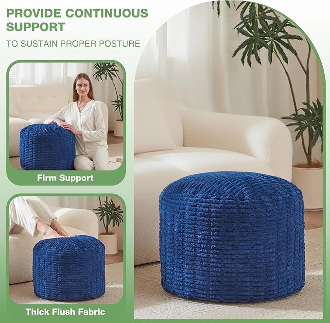 Round Stuffed Pouf, Corduroy Poufs with Foam Chunk Filling,26 X 18 Inches Floor Poufs Foot Rest for Living Room