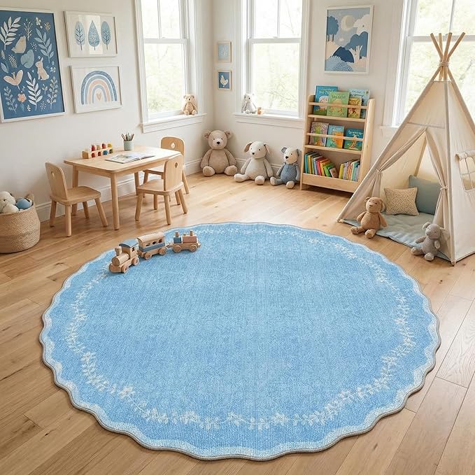 GarveeHome Round Area Rugs 5ft for Bedroom, Solid Blue Washable Circle Rug Soft Non Slip Floral Print Floor Mat Carpet Indoor Thin Rug for Kids Room Dining Room Playroom Nursery