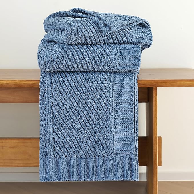 Amélie Home Chevron Chenille Knit Throw Blanket for Couch Bed, Classic Texture Decorative Soft Blanket for Sofa, Chair & Bedroom, 50"x60", Blue