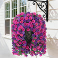 Artificial Fake Hanging Flowers in Basket for Outdoor Indoor Decoration,UV Resistant Faux Silk Dark Purple and Fuchsia Morning Glory Plants Realistic Hanging Planter for Outside Home Porch Yard