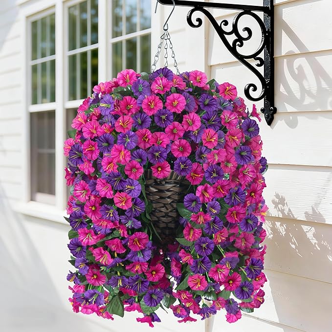 Artificial Fake Hanging Flowers in Basket for Outdoor Indoor Decoration,UV Resistant Faux Silk Dark Purple and Fuchsia Morning Glory Plants Realistic Hanging Planter for Outside Home Porch Yard