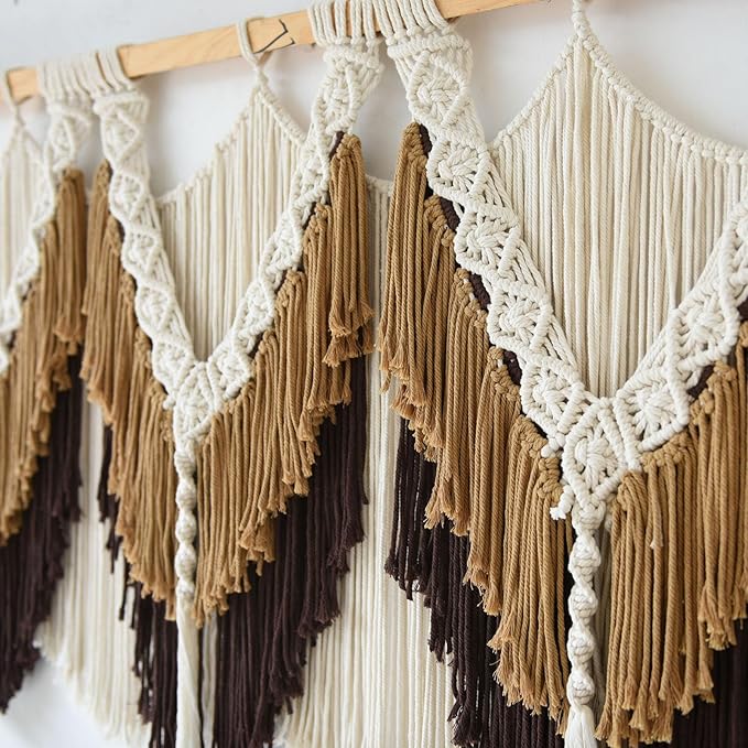 Macrame Wall Hanging Boho Wall Hanging Brown Dorm Wall Decor Craftsmanship Handmade Tassel Knotting Boho Fiber Art Home Room Decor 47" W x 25" L